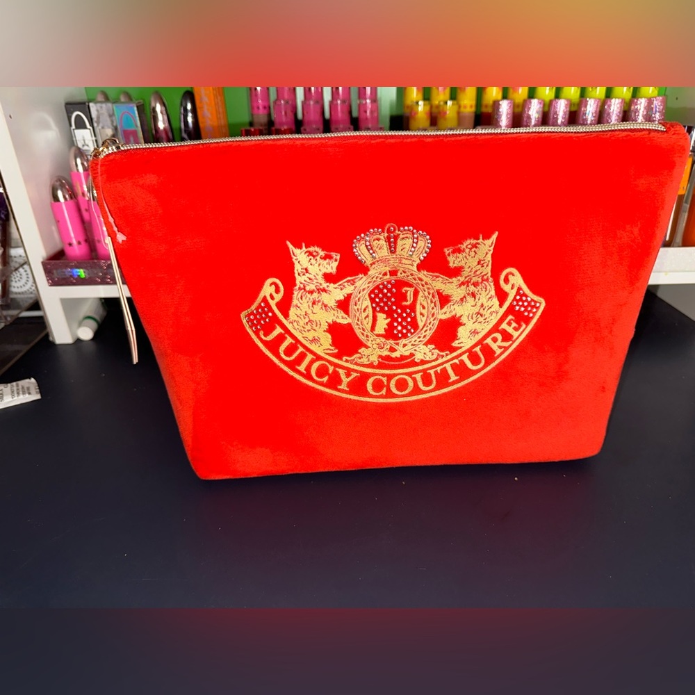 Juicy Couture Cosmetics Bag - Travel Makeup Toiletries Top Zip Wedge Pouch, Red